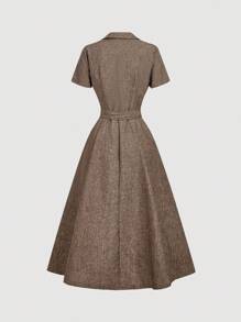 SHEIN MOD Váy sơ mi tay ngắn cổ ve lật màu trơn thanh lịch dành cho nữ, đơn giản/công sở, có thắt lưng - Lạc đà - Xem 2