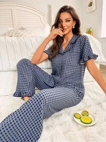 CoupledUp Multicolor Checkered Long Pant Pajama Set With Pockets And Ruffled Short Sleeves  Cozy And Elegant Details - Multicolor - View 6