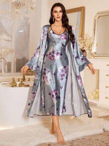 LuxeNights Floral Printed Satin Cami Slip Dress And Robe Pajama Set, Fall Clothes