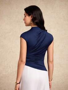 House of One Mock Neck Ruched Short Sleeves Asymmetric Hem Fitted Knit Top Women Summer Autumn Casual Top