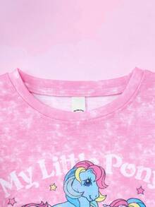 My Little Pony X SHEIN Young Girl Casual Daily Street Chic Cartoon Pegasus & Letter Tie-Dye Print Short Sleeve T-Shirt, Summer Pony Shirt Girls T-Shirt Pink T-Shirt Kawaii Shirt - Pink - View 4