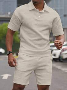 Manfinity Homme 男士纹理短袖休闲 Polo 衫和短裤套装 - 卡其色 - 查看 4