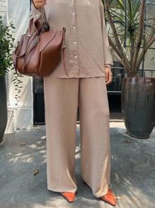 DAZY 两件套女士休闲宽松衬衫和阔腿裤套装，款式端庄时尚 - 杏色 - 查看 8