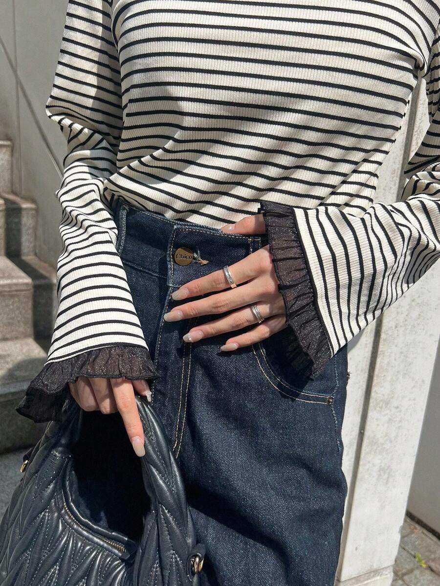 FRIFUL 女士休闲日常条纹喇叭袖T恤条纹长袖上衣条纹上衣女士条纹上衣长袖条纹上衣荷叶边袖口条纹上衣