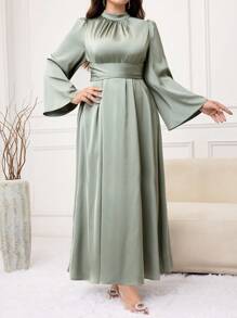 Modelyn Plus Size Women's Solid Color Stand Collar Flare Sleeve Ruched Elegant Dress - Green - View 5