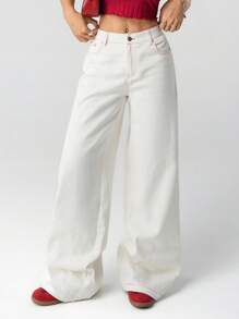 SHEIN ICON Women's Early Autumn New White Cute Heart-Shaped Strawberry Bow Embroidered Straight Leg Pants, Casual Outgoing Minimalist - White - View 1