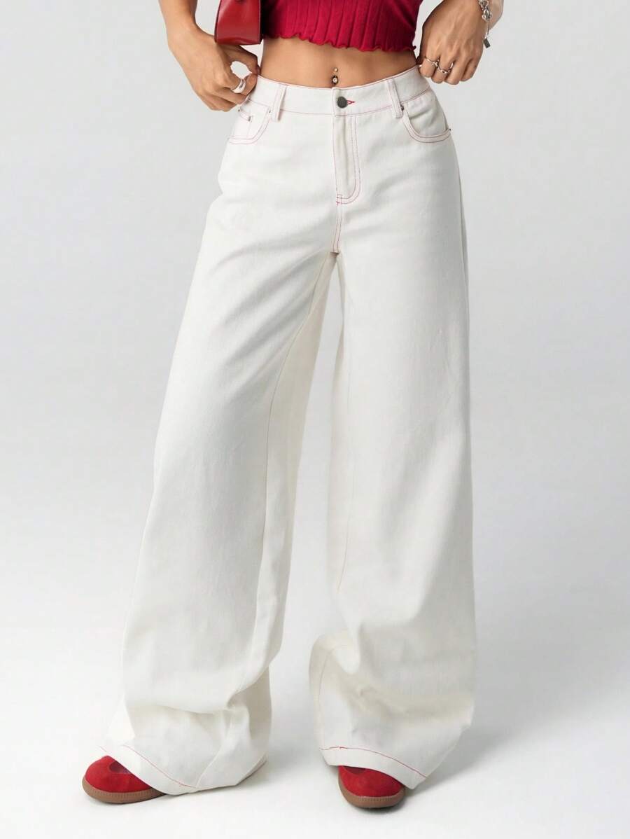 SHEIN ICON Women's Early Autumn New White Cute Heart-Shaped Strawberry Bow Embroidered Straight Leg Pants, Casual Outgoing Minimalist - White - View 1