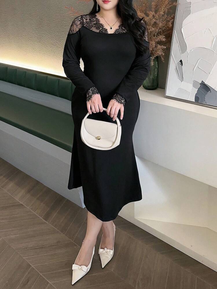 Dazy Plus Plus Size Women Elegant Long Knit Bodycon Dress With Lace V-Neck Long Sleeve, Suitable For Party Prom Dress