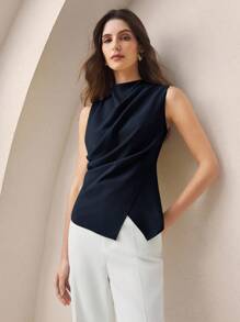 BizChic 2025 秋冬海军蓝露肩褶饰腰部衬衫，优雅现代，适合商务、休闲、办公室、约会、派对、旅行、浪漫、乡村音乐节、韩式、机场、婚礼嘉宾、生日、万圣节、圣诞节 - 藏蓝色 - 查看 8