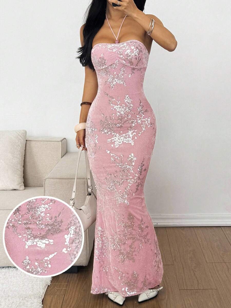 SHEIN EZwear 女士优雅银箔露背吊带连衣裙 - 粉色 - 查看 1