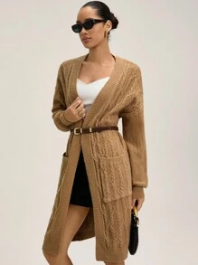 GENKIRA Cárdigan vintage de punto grueso con bolsillo grande, suéter abierto de longitud media elegante y tejido grueso para mujeres - Caqui - Ver 4
