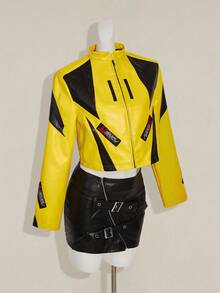 SHEIN ICON 女士秋冬街头时尚机车风黄色和黑色撞色宽松短款黄色夹克 Y2k 赛车女式摩托车 - 黃色 - 查看 7