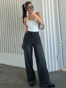 Dazy Tall 女式宽松街头休闲高腰牛仔裤 - 深色水洗藍 - 查看 6