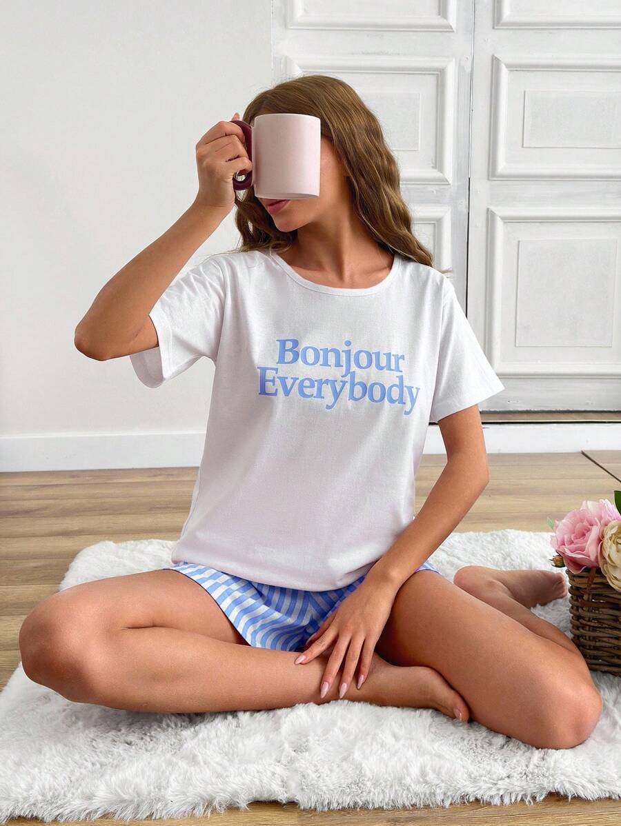 EURMUSE Cotton 2pcs Women Line Print Short And Slogan Print Top Homewear Pajama Set - Baby Blue - View 1