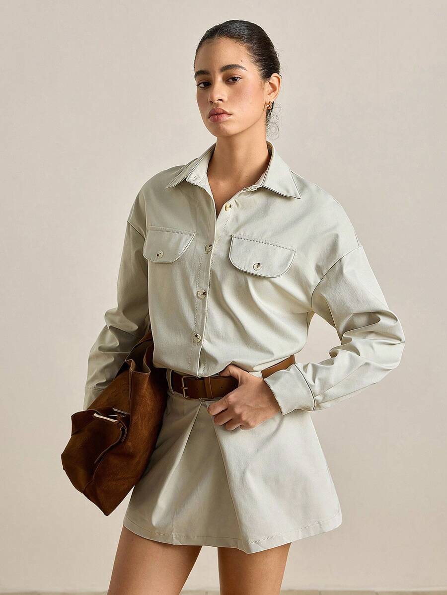 Bộ 2 món áo dài tay đơn sắc cài nút phía trước và chân váy thường ngày cho nữ - Màu be - Xem 1