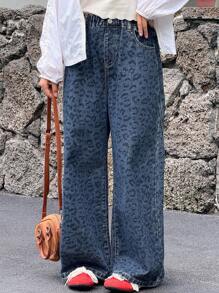 DAZY 女童豹纹牛仔裤 - 藍色 - 查看 1