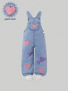 SHEIN Denimly 少女牛仔连体裤。推荐甜美清凉的学院风休闲风！紫色+粉色爱心羊毛刺绣，甜美可爱。可调节肩带。侧面纽扣设计，方便穿着。宽松舒适。适合外出、购物、日常休闲、上学、旅行和度假。