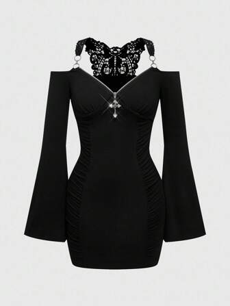 Goth Halloween Women Dress Vintage Y2K Versatile Cross Decor Patchwork Ruched Waist Off Shoulder Flare Sleeve Bodycon Mini Dress For Women