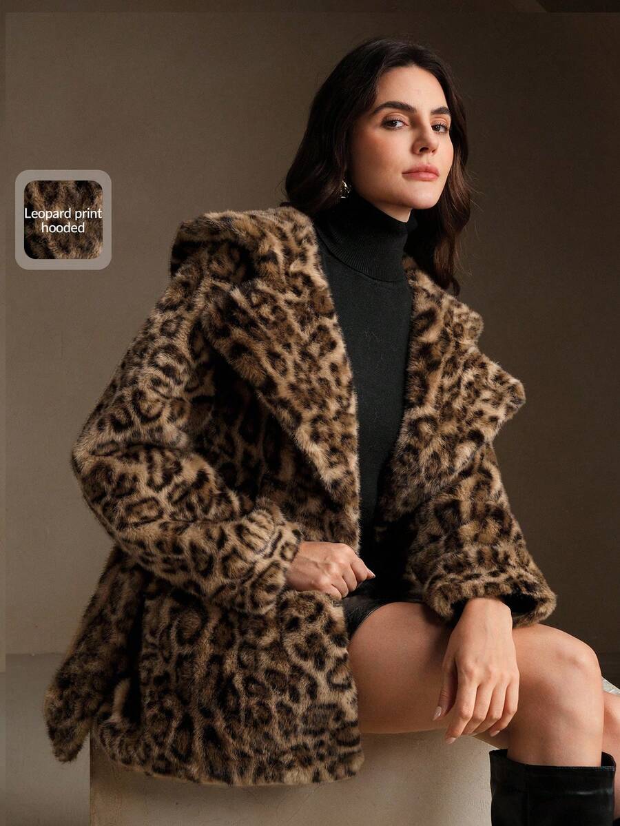 Anewsta Chaqueta de piel sintética con estampado de leopardo y cinturón de cintura suelta - Marrón - Ver 1