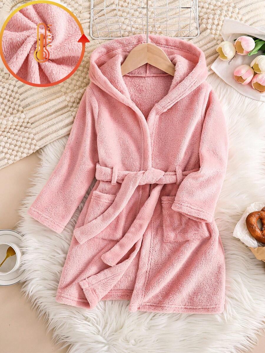 Genkimix Kids Girls' Solid Pink Minimalist Robe, Autumn/Winter Sleepwear Girls Bathrobe Plush Robe Fall - Pink - View 1