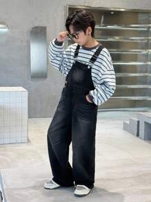 SHEIN 青少年男孩时尚休闲Y2K复古酷炫黑色牛仔宽松背带裤，适合儿童日常穿着，柔软舒适，也适合儿童秋冬季参加锐舞派对、节日活动以及居家穿着，兼具街头潮流和校园风格。