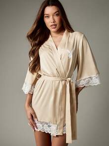 Missguided x Playboy Christmas Satin Robe With Lace Trim And Waist Belt - Apricot - View 1