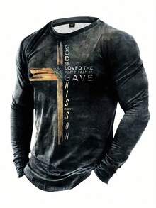 Manfinity LEGND 男式十字架和标语图案印花长袖 T 恤，街头潮流，男友礼物，秋季