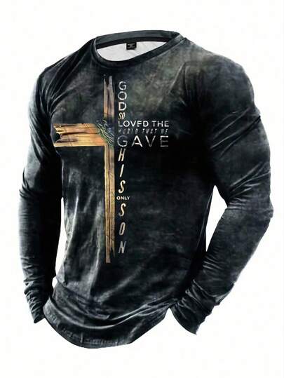 Manfinity LEGND Camiseta de manga larga con estampado de cruz y eslogan, ropa de calle, regalo para novio, para otoño