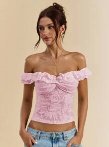 SHEIN BAE Women's White Textured Knit Off-Shoulder Double Ruffle Front Twist Bodycon Top, Summer Blouse - Baby Pink - View 7