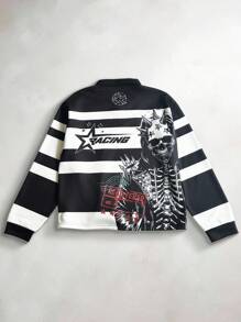 Manfinity EMRG Áo nỉ chui đầu họa tiết sọc Punk cá nhân hóa phong cách đường phố retro tối màu dành cho nam, áo khoác trùm đầu có mũ gai với đầu lâu xương, in chữ xe máy, thích hợp làm quà tặng bạn trai, trang phục đường phố mùa hè - Đen và trắng - Xem 4