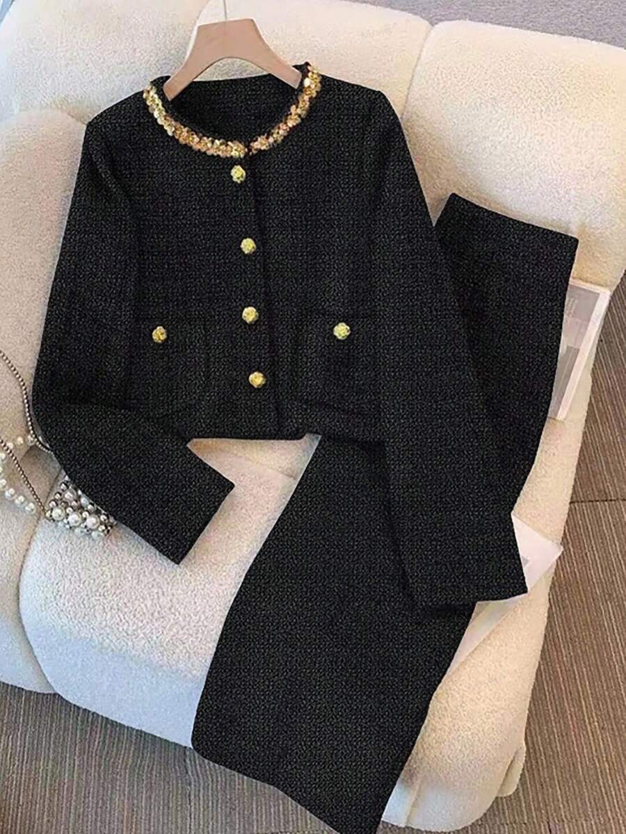 GlowEve 女士编织的优雅时尚秋季度假风两件套 - 黑色 - 查看 1