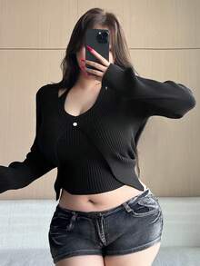 Dazy Plus Áo len cổ lọ bó sát, màu trơn, khoét lỗ, dáng rộng cỡ lớn dành cho nữ, màu đen, thu đông - màu đen - Xem 8