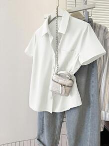 INAWLY Áo cánh tay ngắn màu trơn thường ngày mùa hè dành cho nữ - trắng - Xem 5