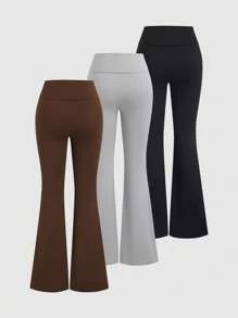 Sweetra 3 件套女式喇叭裤紧身休闲街头风格折叠低腰裤套装，黑色/灰色/棕色 - 彩色 - 查看 2