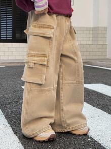 SHEIN Young Boys Fall/Winter Vintage Urban Street Cool Style Vintage Distressed Casual Basic Everyday Style Khaki Denim Multiple Pockets Split Design Loose Fit Cargo Pants,For Kids Fall/Winter Clothes,Boys Back-To-School Clothes,Boys Streetwear Outfits,Boys Homecoming Outfits