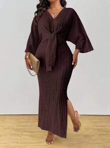 DreamSkyne Plus Size Women's Jacquard Long Split Hem 3/4 Sleeve Dress - Brown - View 4