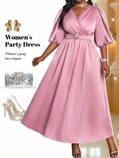 Fleurora 春夏秋冬优雅派对婚礼酒会圣诞节粉色系带喇叭袖A字裙加大码套装返校节礼服生日礼服