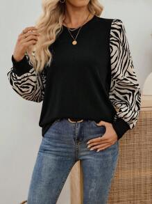 EMERY ROSE 春夏圆领泡泡袖灯笼袖拼色豹纹休闲度假长袖T恤 - 黑色 - 查看 8