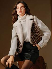 Anewsta Women's Leopard Print Composite Vest Jacket, Everyday Autumn, Fall, Winter , Work, Party, Wedding, Chic New Year - Black and White - View 8