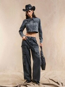 Easelle 女式宽松工装口袋阔腿休闲牛仔裤 - 黑色 - 查看 7