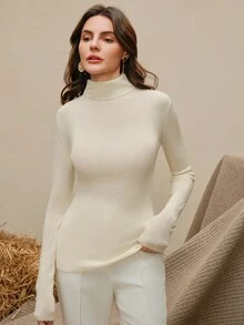 SHEIN X Jwoww Anewsta Women's Elegant Modern Solid Color 100% Wool Turtleneck Sweater - White - View 9