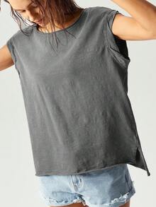 Bohemela 女士休闲纯色针织圆领短袖宽松水洗T恤 - 灰色 - 查看 6