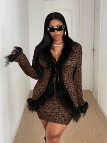 Maweii Set de Chaqueta de mujer talla grande con estampado de leopardo + Minifalda sexy
