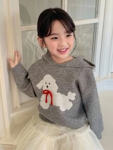 DAZY 少女卡通小狗连帽毛衣，秋冬 - 灰色 - 查看 5