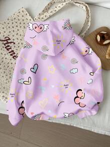 SHEIN 少女卡通爱心、卡通花朵、卡通蝴蝶图案，米色、杏色休闲宽松舒适日常穿着连帽长袖针织卫衣，适合秋冬季节穿着，可爱花朵卫衣，薰衣草色卫衣，儿童卫衣，可爱上衣 - 彩色 - 查看 2