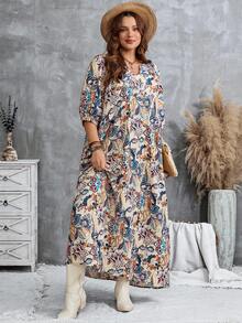 EMERY ROSE Plus Size Casual Vacation All-Over Print Notched Neck Dress Autumn, Fall Women's Dress Plus Size Boho Dress Plus Size Paisley Dress - Apricot - View 4
