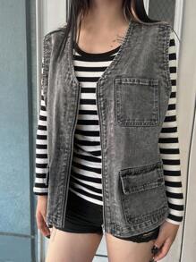 FRIFUL 女式休闲水洗无袖牛仔上衣 - 灰色 - 查看 6