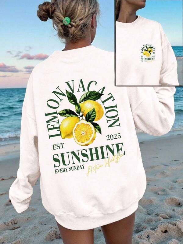 SHEIN EZwear Women's Casual Loose Fit Crew Neck Thermal Lined Long Sleeve Sweatshirt, Lemon Print, Suitable For Autumn/Winter