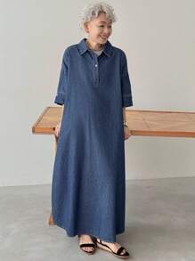 FRIFUL 女式纽扣半襟落肩宽松休闲牛仔连衣裙