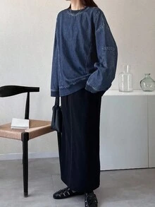 FRIFUL 女式休闲水洗落肩宽松牛仔衬衫 - 藍色 - 查看 8